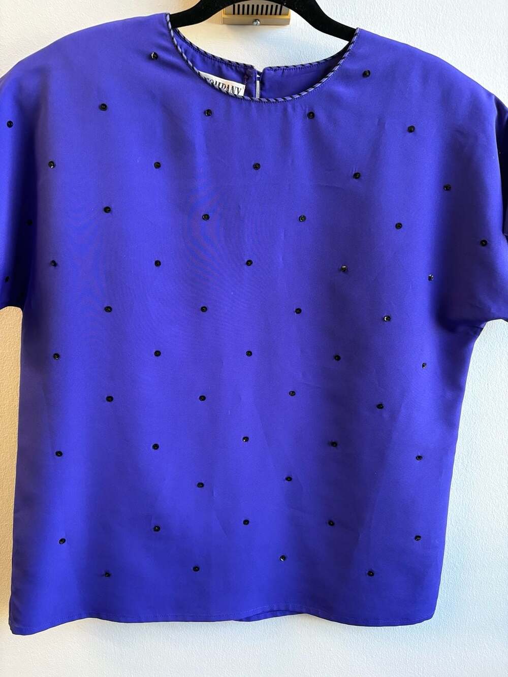 SK & Company Purple Short Sleeve Blouse with Black Dot Embellishments Size 10